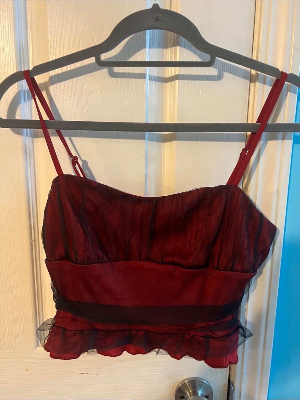Red and Black Sheer Layered Spaghetti Strap Crop Top